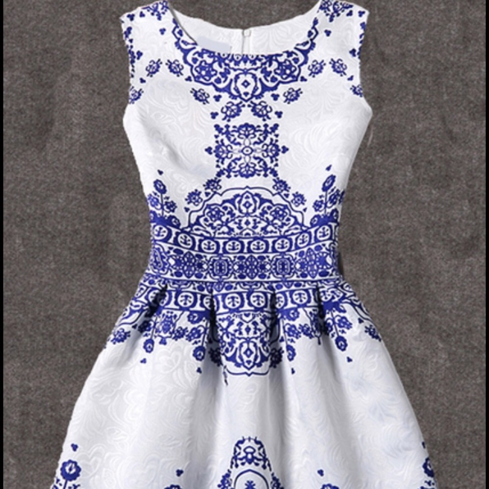 NWOT Blue Vintage Pattern Print Fit & Flare Dress